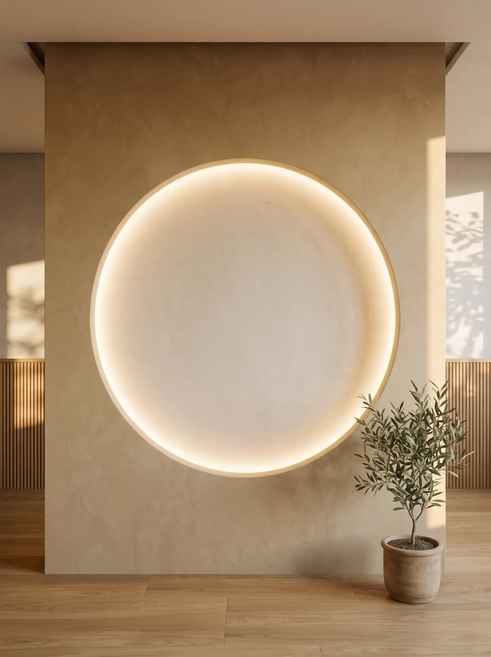 Nicho circular iluminado con el logo de PULSE