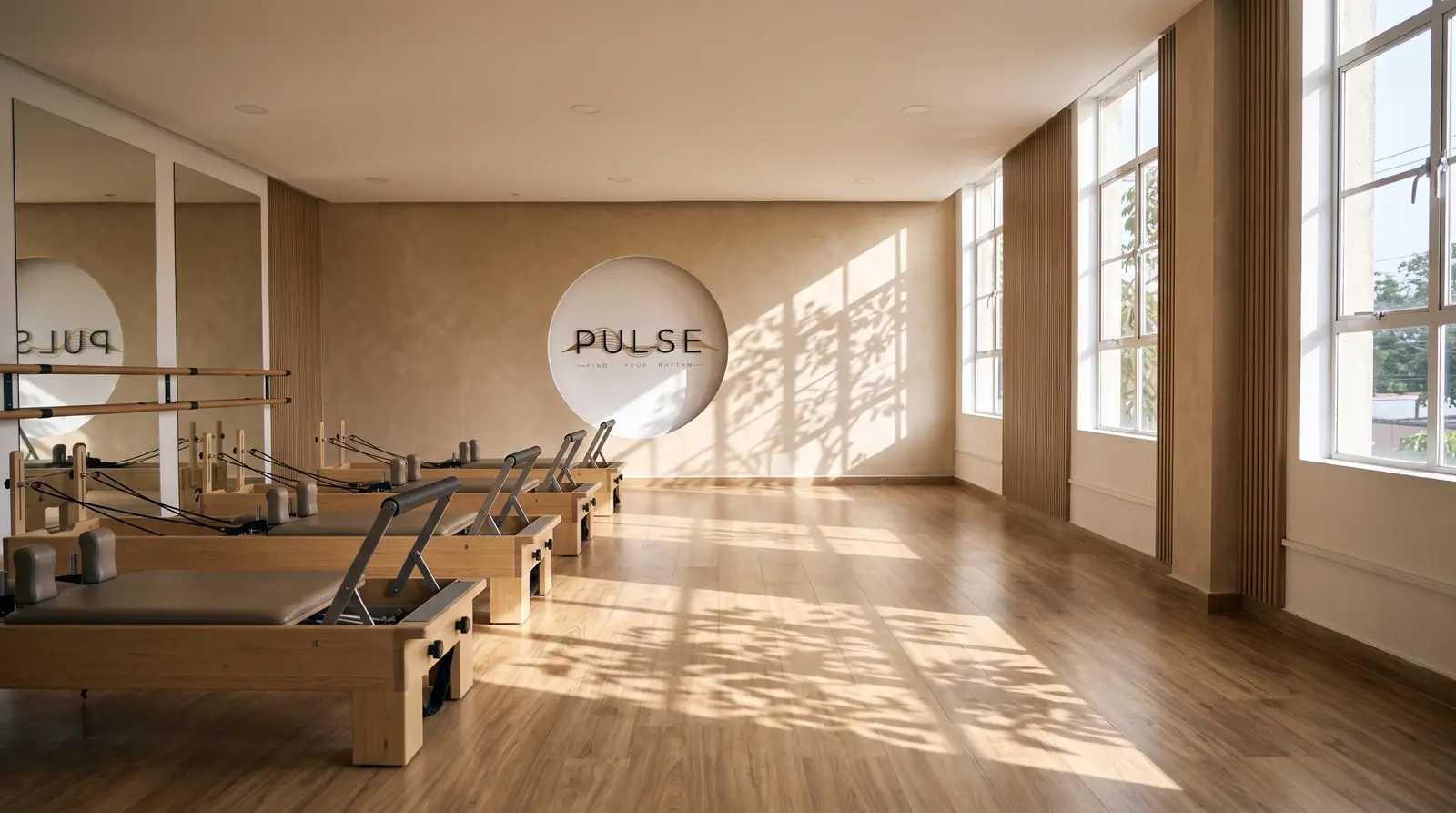 Sala de reformers de PULSE con luz natural y sombras de hojas en el piso