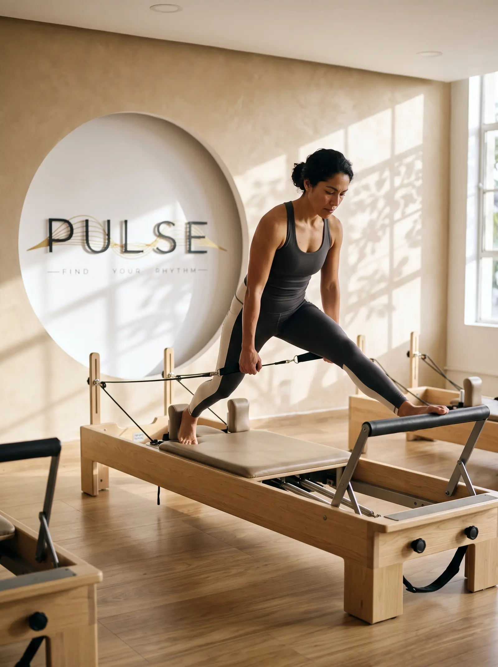 Clase en el estudio PULSE: reformer en primer plano y barre al fondo